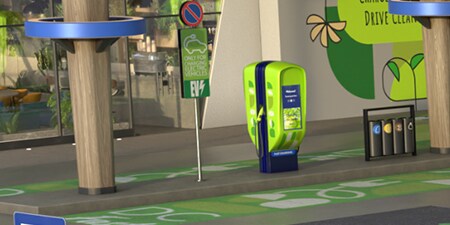 EV-laadpalen met verticale signalering.
