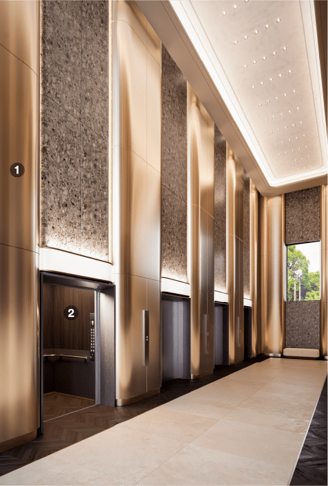 Lifthal opgefrist met metallic architecturale afwerkingen
