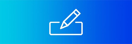 Blauwe achtergrondafbeelding met een pen- en papierpictogram in het wit
