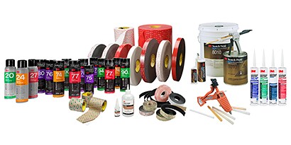 Leer over lijmvormen en het productaanbod lijmen en tapes. Afbeelding van diverse vormen van vloeibare lijmen en tapes.
