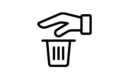 Pictogram van naar beneden gerichte hand boven vuilnisbak
