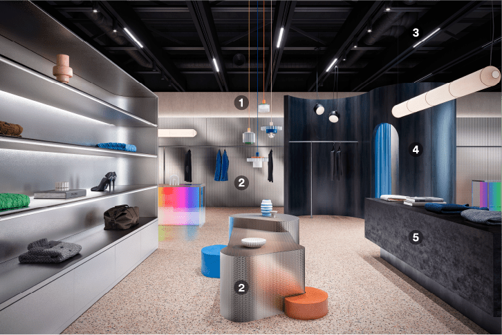 Minimalistische winkelruimte gerenoveerd met metallic architecturale afwerkingen
