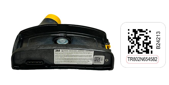 Afbeelding van 3M™ Versaflo™ TR-800 PAPR blower met afbeelding van het serienummer dat vereist is voor vervanging
