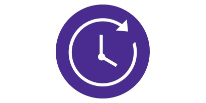 Paars-wit pictogram met wijzers en een niet-onderbroken cirkel.
