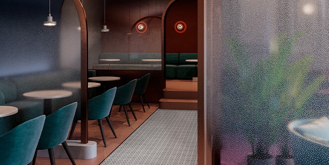 Restaurantinterieur in juweeltinten met verdelers met 3M Glass Finish in stippenpatroon.
