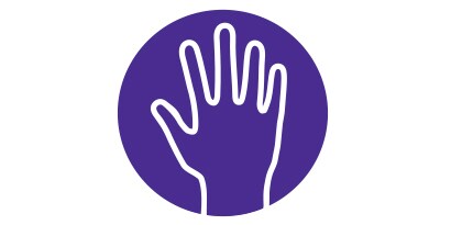 Paars-wit pictogram met een contour van de hand van een verpleegkundige.

