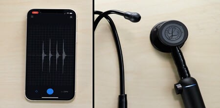 Close-up of een Littmann CORE digitalestethoscoop die wordt gesynchroniseerd met mobiele EKO-app
