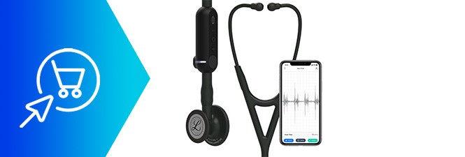 Close-up van behandelaar met een 3M™ Littmann® CORE digitale stethoscoop
