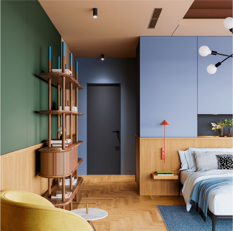 Architecturale afwerkingen met gedurfde kleur in een slaapkamer
