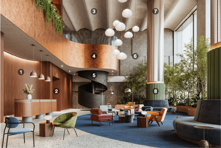 20e-eeuwse Mid-century Modern lounge gerenoveerd met natuurlijke architecturale afwerkingen
