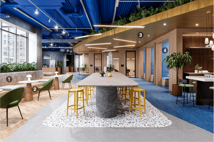 Moderne coworking-ruimte gerenoveerd met architecturale afwerkingen in gedurfde kleuren en natuurlijke architecturale afwerkingen
