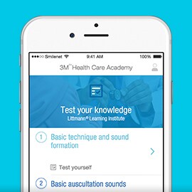 Smartphonescherm laat het zelftestonderdeel van de Littmann Learning Institute-app zien.